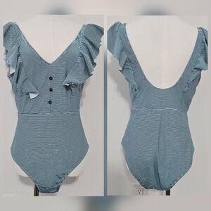Green Size L Ruffled Shoulder V Neck Buutton Front Women's One Piece Bathing Sui